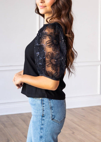 Midnight Blossom Black Sequins Floral Puff Sleeve