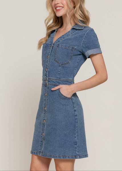 Stretch Denim Button Up Mini Dress