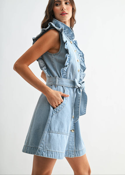 Ruffle Detail Denim Dress