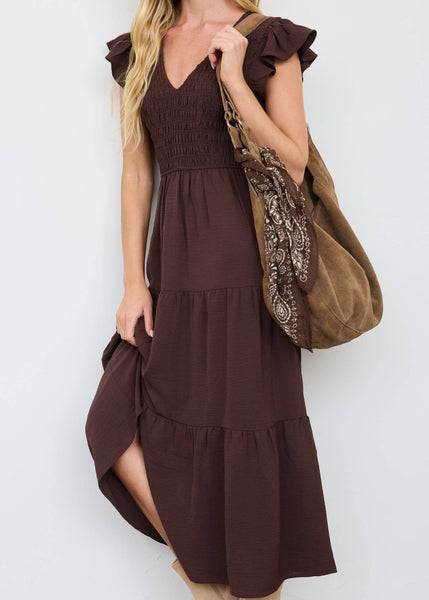Chocolate Smocked Midi dress with Flutter Sleeves