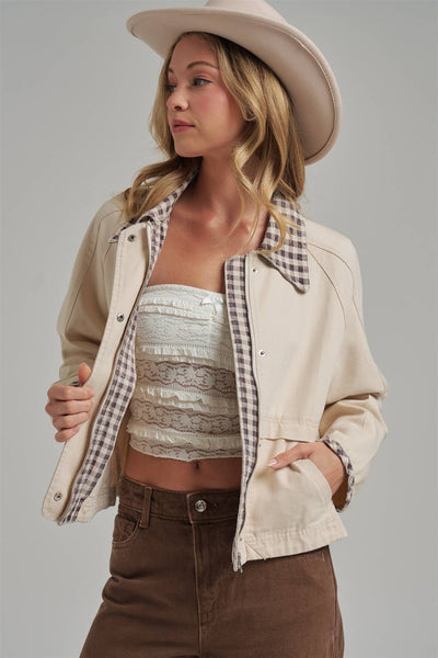 VINTAGE OXFORD CANVAS TWILL FALL JACKET_JLT00253-01: OLIVE/OATMEAL / S-M-L(2-2-2)