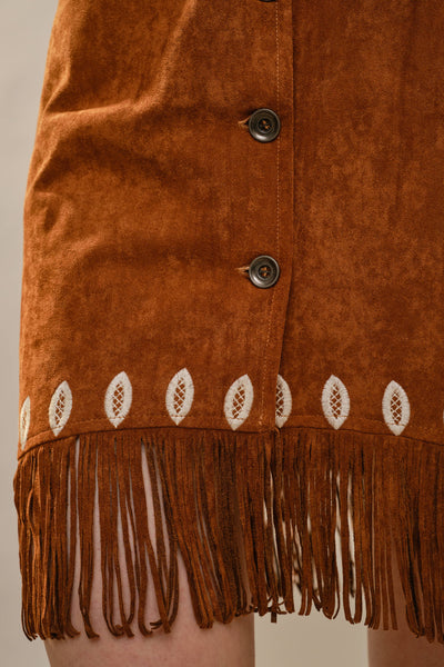 99655D Embroidered Suede Fringe Dress: BROWN / S-M-L (2-2-2)