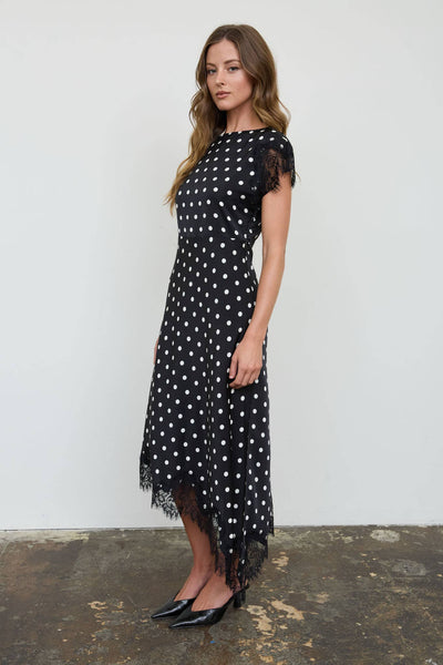 POLKA DOT LACE TRIM SHORT SLEEVE MIDI DRESS: MAROON