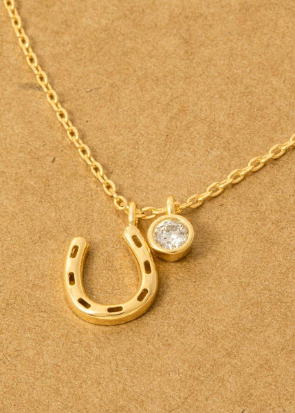 Western Gold Dipped Horse Shoe And Cz Charm Necklace