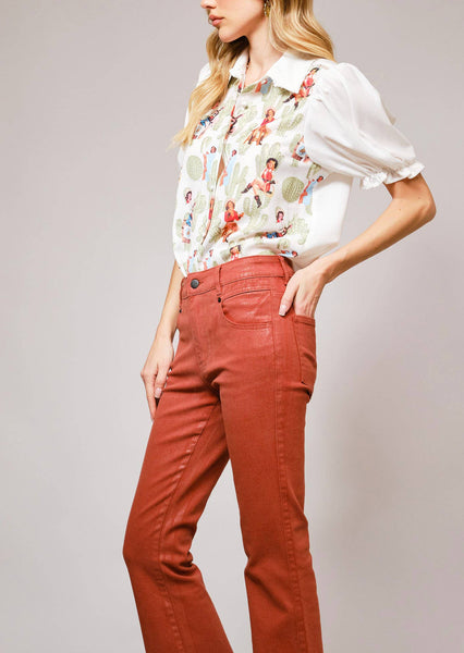 Betty Boots Cactus Print Lace Collar Blouse