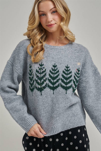 COZY CHRISTMAS TREE HOLIDAY SWEATER TOP_JLT00375-01: GREY / S-M-L(2-2-2)