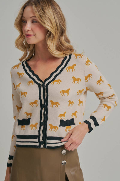 SUPER SOFT HORSE PRINT KNIT CARDIGAN_JLT00386-01: TAUPE COMBO / S-M-L(2-2-2)