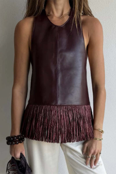 Fringe Hem Sleeveless Tank: WINE / L
