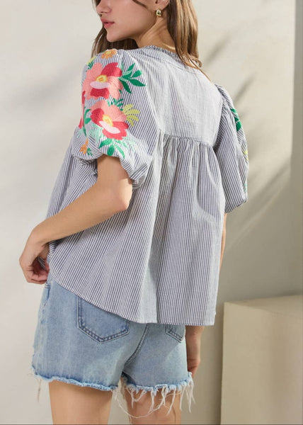 Floral Embroidered Sleeve Blue and White Striped Top
