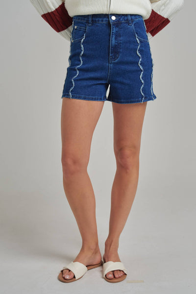 HIGH RISE WIDE LEG DENIM SHORTS WITH SCALLOPED FRONT SEAM: LIGHT WASH / S-M-L(2-2-2)