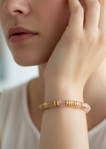 Tarnish Resistant Stone And Gold Beaded Bracelet in Pink