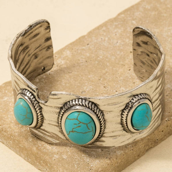 Silver Textured Turquoise Stone Cuff Bracelet