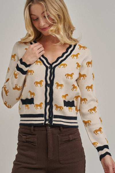 SUPER SOFT HORSE PRINT KNIT CARDIGAN_JLT00386-01: TAUPE COMBO / S-M-L(2-2-2)