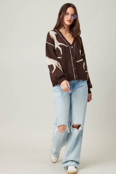 IM8672-Fall Top Rated Knit Horse Cozy Cardigan: S/M / Brown