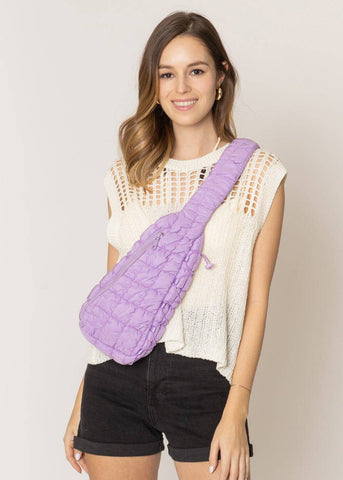 Quilted Puffer Sling Bag in Lavender