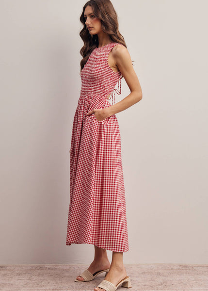 Red and White Open-Back Gingham Maxi Dress