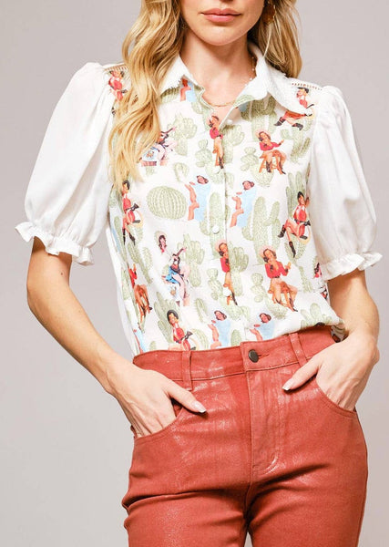 Betty Boots Cactus Print Lace Collar Blouse