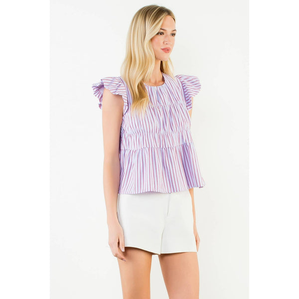 Ruffle Sleeve Smocked Striped Top: PURPLE / XS-S-M-L(1-2-2-1)