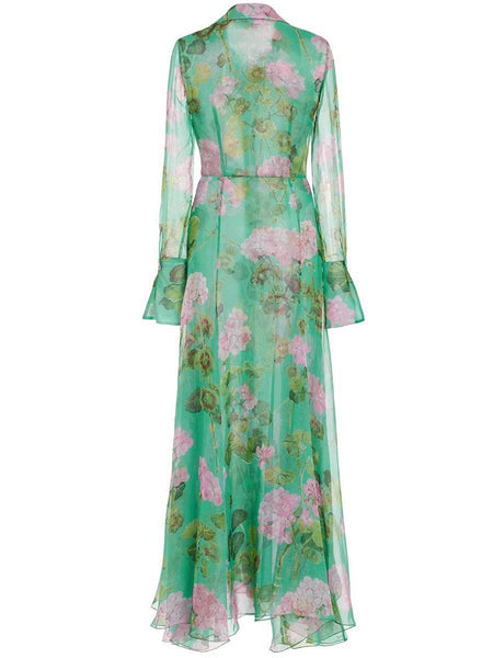 Green Floral Button‑Front Maxi Dress
