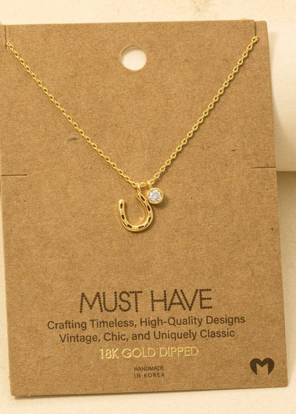 Western Gold Dipped Horse Shoe And Cz Charm Necklace