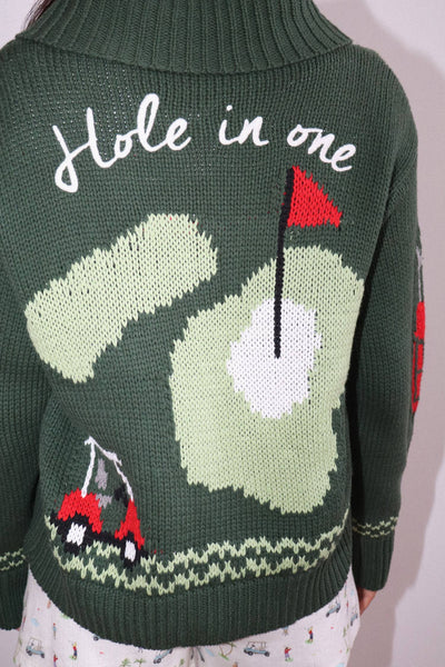 Hole In One Intarsia Zip Sweater : Green / L