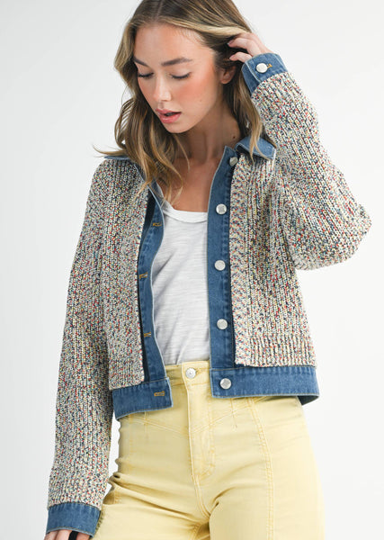 Multicolor Knit Button-Up Jacket with Denim Trim