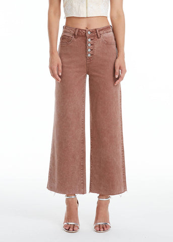 High Rise Wide Leg Raw Hem Jeans in Cappuccino Brown