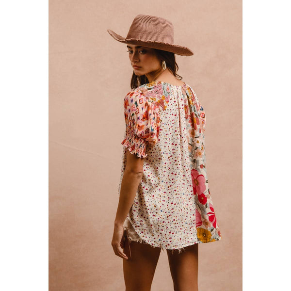 WOVEN PRINT MIX AND MATCH PEASANT TOP: ROSE MIX / XL