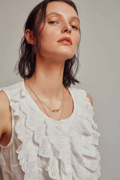 Cotton Eyelet Trim Button Down Sleeveless Top