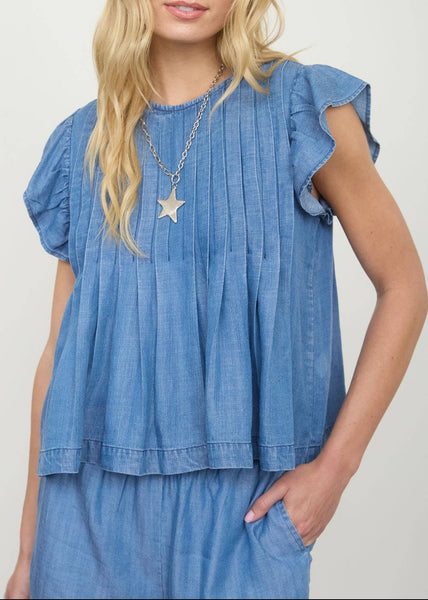 Pintuck Detail Ruffle Sleeve Chambray Top