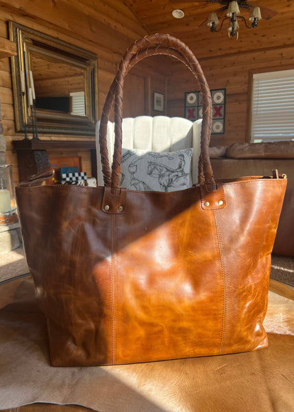 Crinkle Leather Newmarket Braided Handle Tote Bag