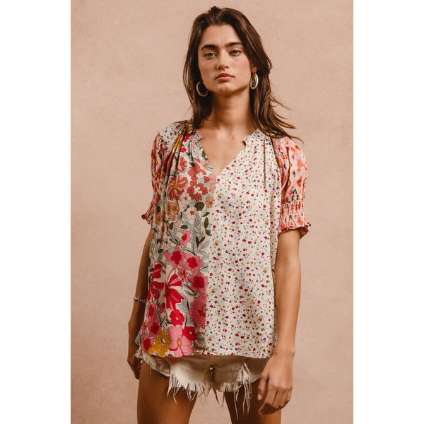 WOVEN PRINT MIX AND MATCH PEASANT TOP: ROSE MIX / XL