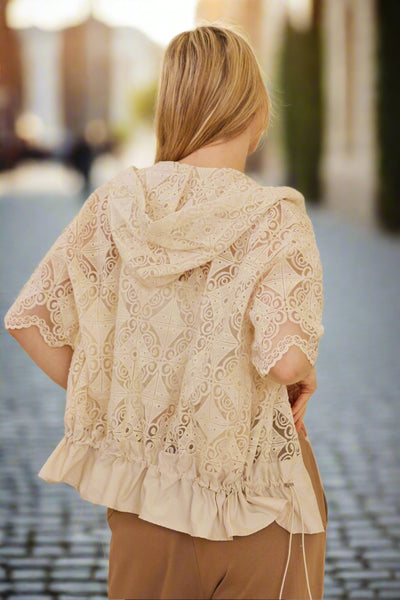 Zip Up Crocheted Laced Short Sleeve Top with Hood ~FINAL SALE