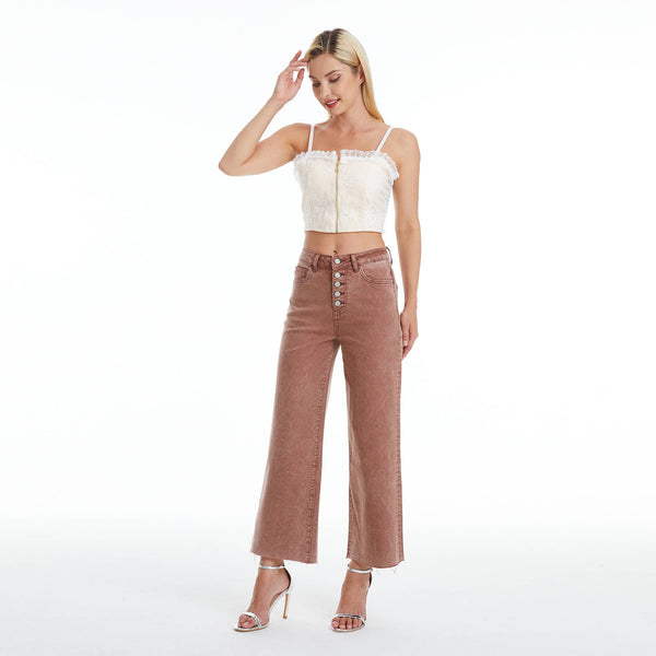 High Rise Wide Leg Raw Hem Jeans in Cappuccino Brown