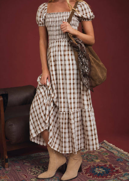 Gingham Smocked Puff Sleeve Tiered Midi Dress