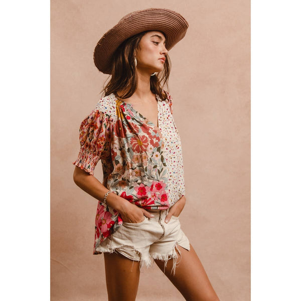 WOVEN PRINT MIX AND MATCH PEASANT TOP: ROSE MIX / S