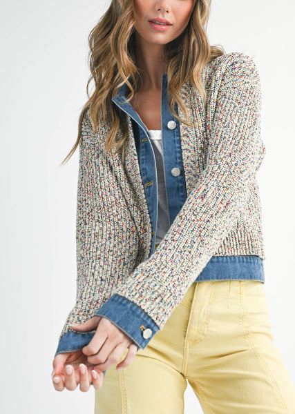 Multicolor Knit Button-Up Jacket with Denim Trim
