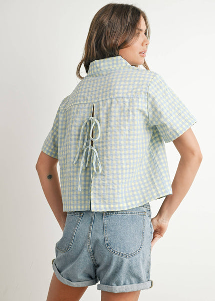 Gingham Checkered Open Tie-Back Cropped Top
