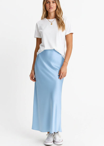 Baby Blue Satin Midi Skirt