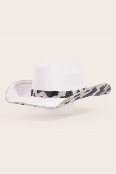 Pave Rhinestone Studded Cow Pattern Cowboy Hat: BK