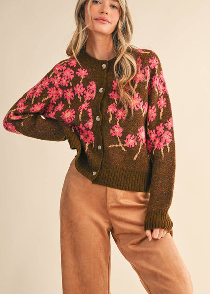 Cheery Floral Knit Cardigan Sweater