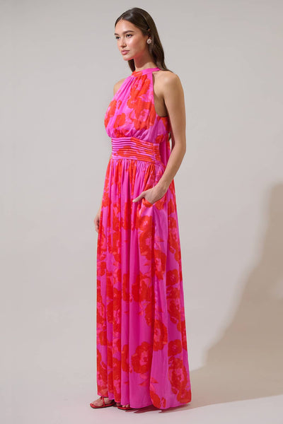 Lailah Floral Halter Maxi Dress in Magenta with Red Flowers