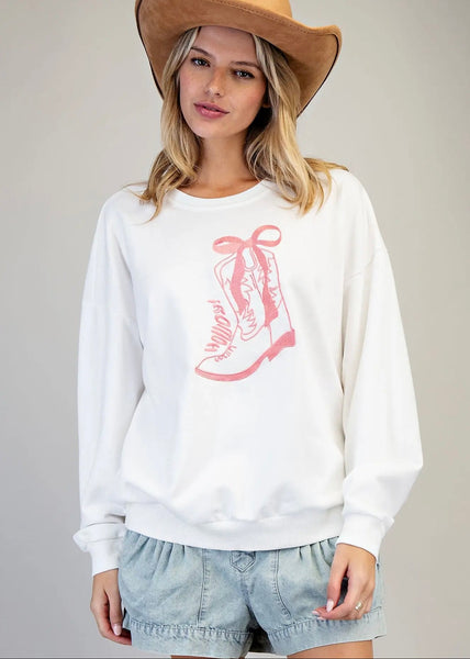 Howdy Embroidered Boot White Sweatshirt