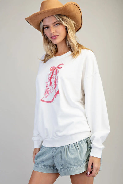 Howdy Embroidered Boot White Sweatshirt