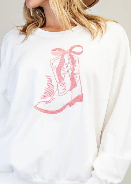 Howdy Embroidered Boot White Sweatshirt