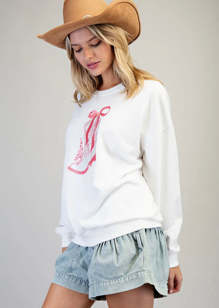 Howdy Embroidered Boot White Sweatshirt