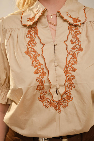 23521T - Embroidered Scallop Collar Puff Sleeve Top: M / OFF WHITE