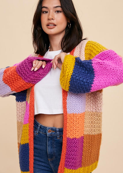 Hand Knit Color Block Patchwork Cardigan
