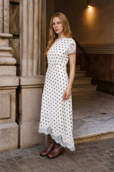 POLKA DOT LACE TRIM SHORT SLEEVE MIDI DRESS: BLACK