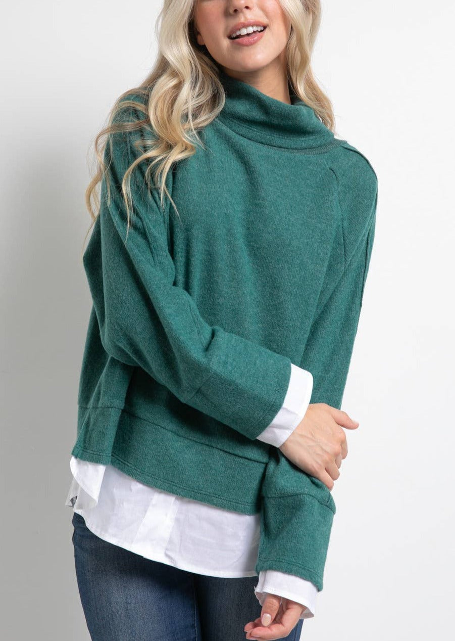 Long Sleeves Brushed Knit Layered Knit Top in Hunter Green